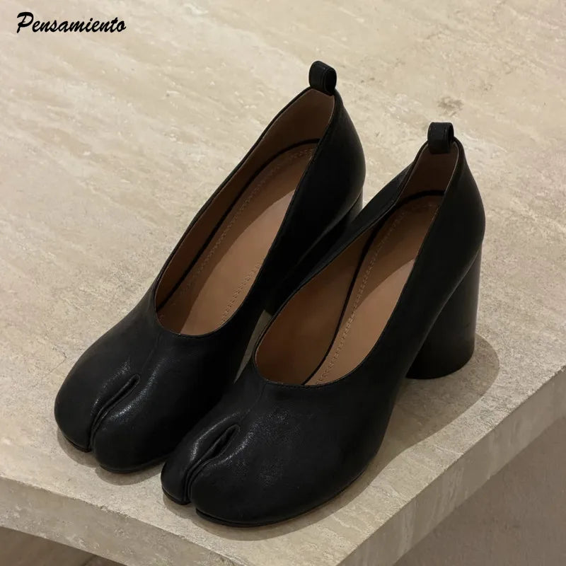 Fashion Soft Leather Split Toe Ballet Women Pumps Spring Summer Vintage Black Tabi High Heels Mules Casual Slip-on Chunky Shoes