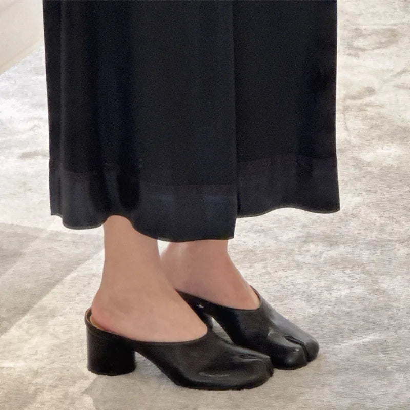 Fashion Soft Leather Split Toe Ballet Women Pumps Spring Summer Vintage Black Tabi High Heels Mules Casual Slip-on Chunky Shoes
